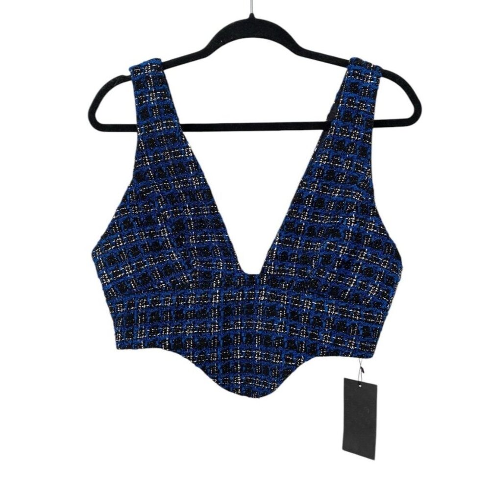 SHEIN SXY Houndstooth Zip Back Crop‎ Tweed Tank Top Royal Blue Black Size M NWT